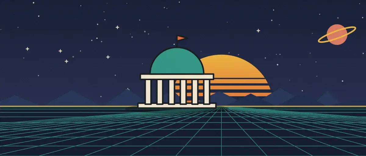 Retro-futurist illustration: a striped sunset over a teal grid horizon under a starry night sky, with a domed building with columns standing on the horizon.