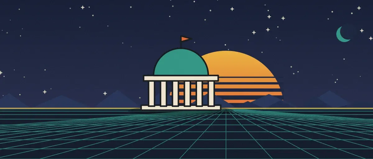 Ilustración retrofuturista: un atardecer a rayas sobre un horizonte de cuadrícula verde azulado bajo un cielo nocturno estrellado, con un edificio con cúpula y columnas en el horizonte.