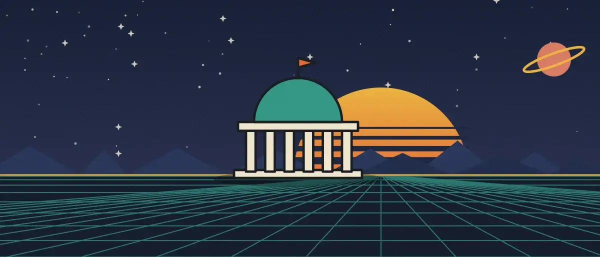 Ilustración retrofuturista: un atardecer a rayas sobre un horizonte de cuadrícula verde azulado bajo un cielo nocturno estrellado, con un edificio con cúpula y columnas en el horizonte.