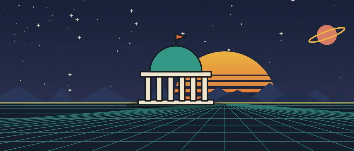 Ilustración retrofuturista: un atardecer a rayas sobre un horizonte de cuadrícula verde azulado bajo un cielo nocturno estrellado, con un edificio con cúpula y columnas en el horizonte.