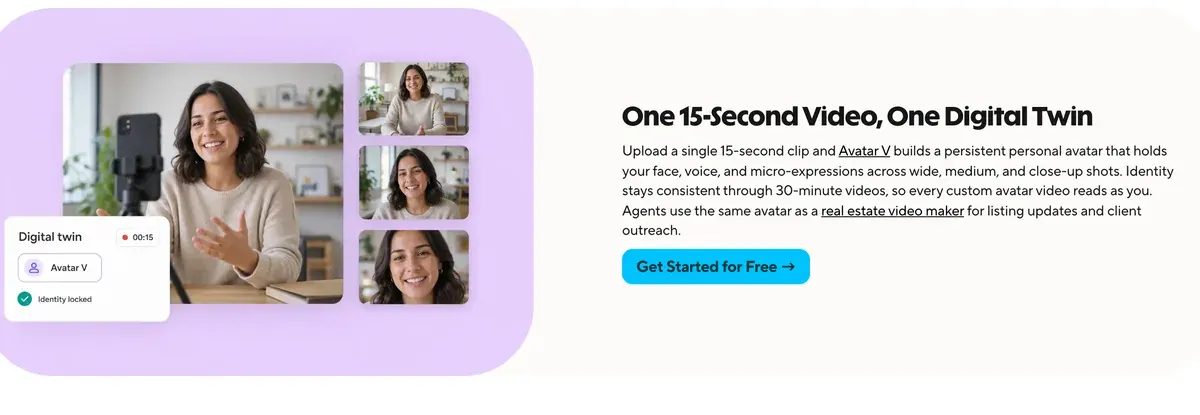 Página HeyGen Custom Avatar Maker: un video de 15 segundos, un gemelo digital, con un teléfono grabando a una mujer y el panel de identidad bloqueada de Avatar V
