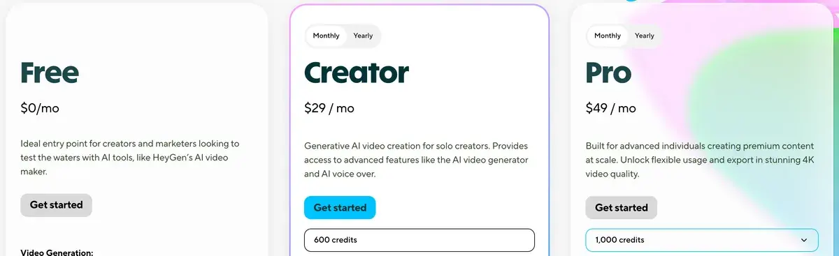HeyGen's pricing page: Free at $0, Creator at $29 and Pro at $49 a month, with 600 and 1,000 credit options on the paid plans