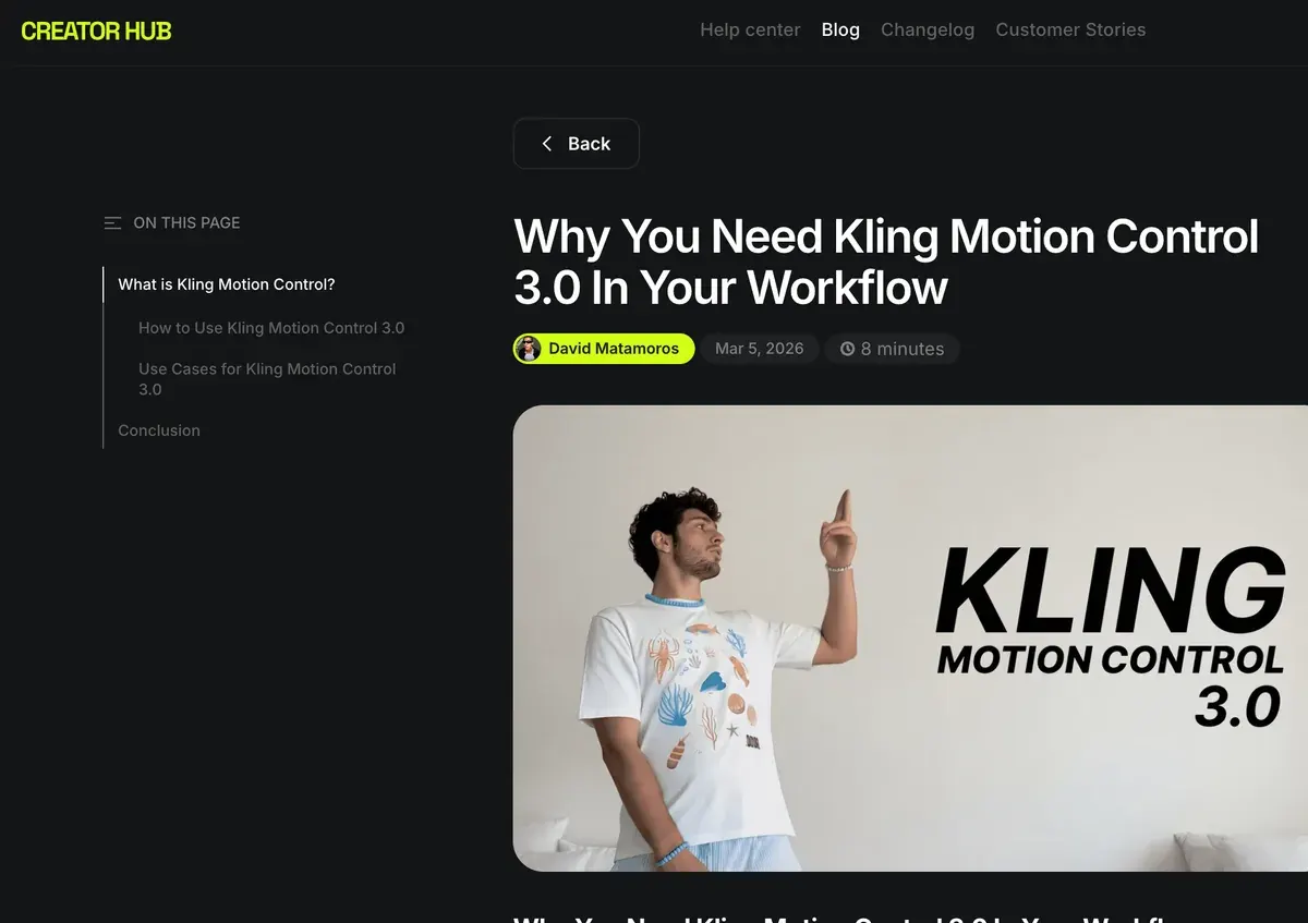 Higgsfield's Creator Hub post on Kling Motion Control 3.0, dated 5 March 2026, with its contents list