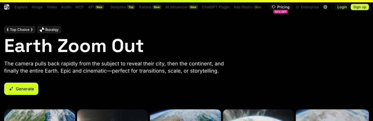 Higgsfield's motion preset page for Earth Zoom Out, with its camera-move description and a Generate button