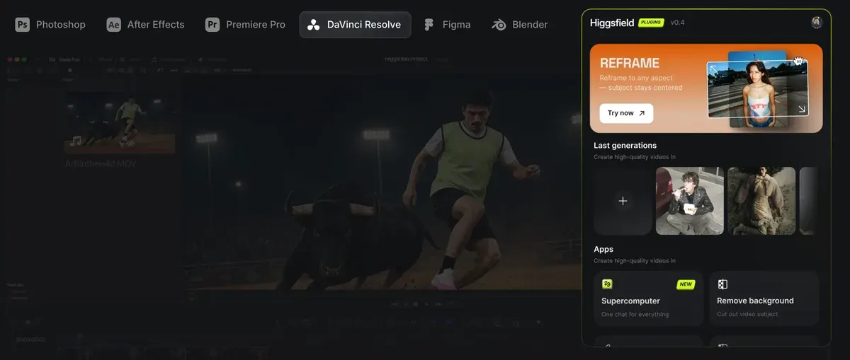 Higgsfield's DaVinci Resolve plugin page: app tabs for Photoshop, After Effects, Premiere Pro, DaVinci Resolve, Figma and Blender beside the Higgsfield plugin panel inside Resolve