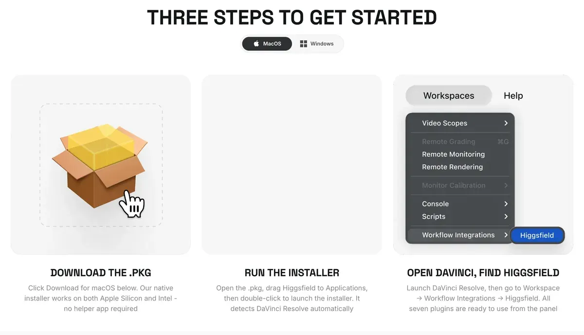 Higgsfield's DaVinci Resolve install steps: download the .pkg, run the installer, then open Workspaces, Workflow Integrations, Higgsfield