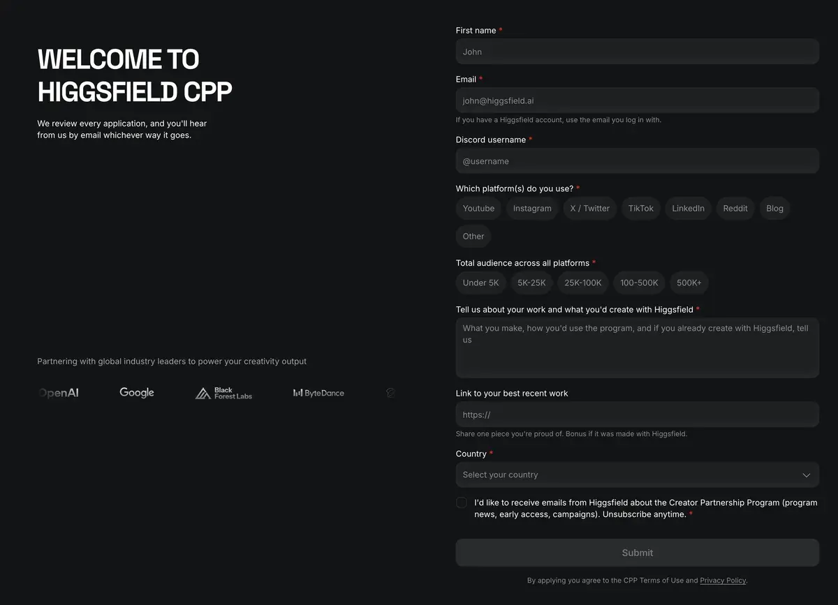 Higgsfield's Creator Partnership Program application form: name, email, Discord username, platforms, total audience, work description, link to recent work, country