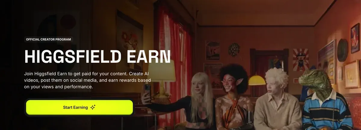 Higgsfield Earn page: official creator programme, create AI videos, post them on social media and earn rewards based on views and performance