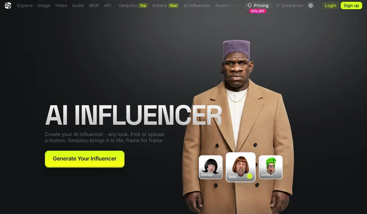 Higgsfield's AI Influencer page: headline AI Influencer, the line Create your AI influencer, any look, a Generate Your Influencer button and three character types labelled Average, Bold and Extreme