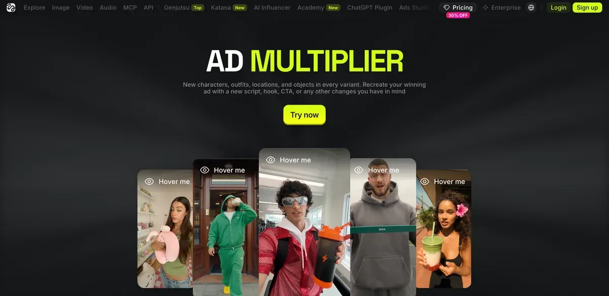 Higgsfield's Ad Multiplier page: recreate your winning ad with a new script, hook, CTA or other changes, with new characters, outfits, locations and objects in every variant