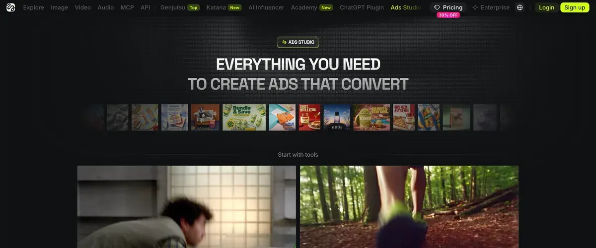 Higgsfield's Ads Studio page: the headline 'Everything you need to create ads that convert' above a row of sample ads, and two tools, Create performing static ads and Ad multiplier