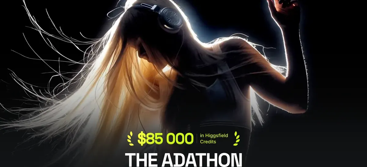 The Adathon contest page: 85,000 dollars in Higgsfield credits, 50,000 for first place plus a Brandweek trip, 25,000 for second, 10,000 for third