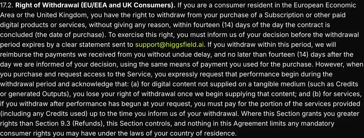 Higgsfield Terms of Use Agreement, section 17.2, captured 2026-10-16