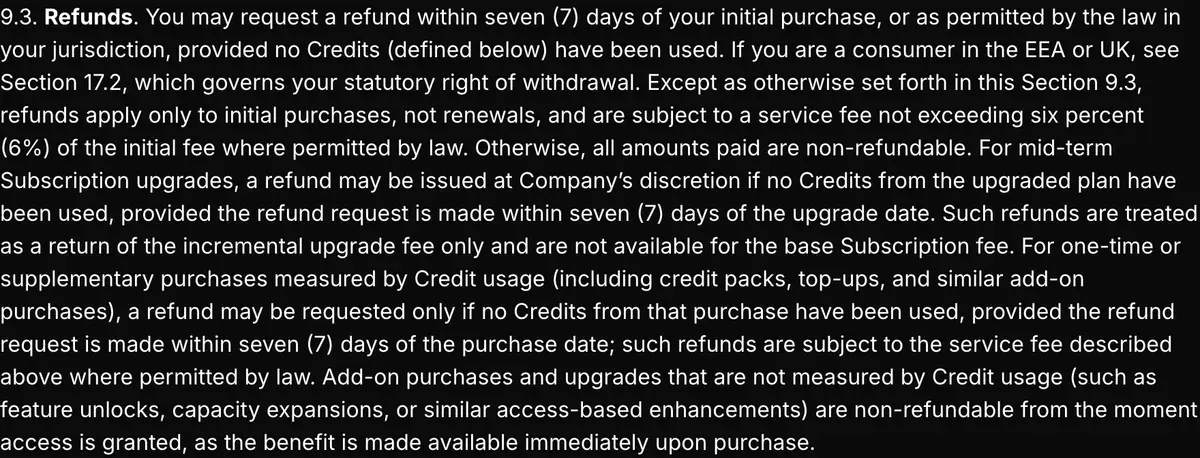 Higgsfield Terms of Use Agreement, section 9.3, captured 2026-10-16