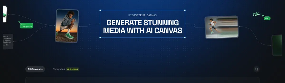 Higgsfield's Canvas page headed Generate stunning media with AI Canvas, showing a node board where prompt, image and video nodes are joined by lines, with the All Canvases and Templates tabs below