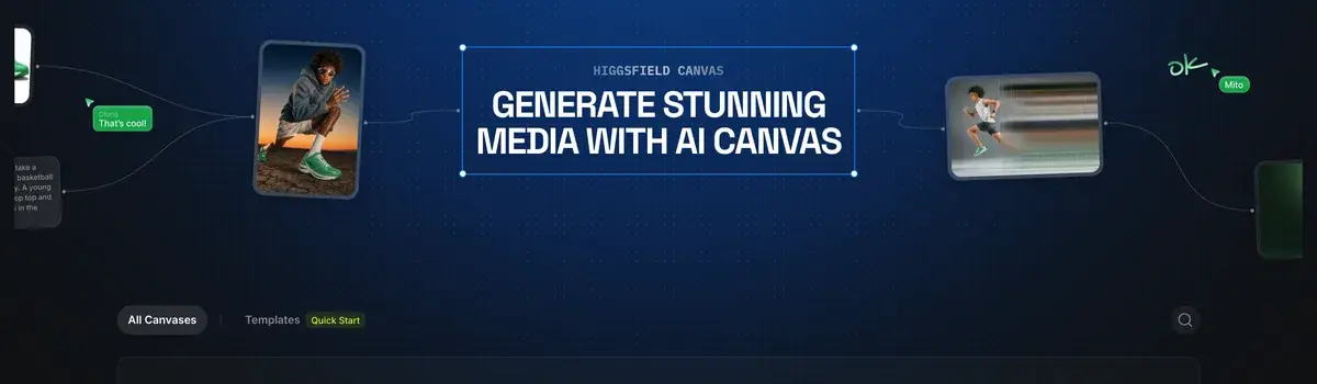 Página de Canvas de Higgsfield con el título Generate stunning media with AI Canvas, que muestra un tablero de nodos donde los nodos de prompt, imagen y video se unen con líneas, con las pestañas All Canvases y Templates debajo
