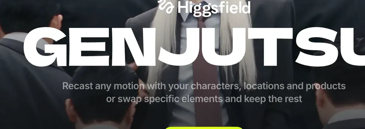 Higgsfield's Genjutsu page: Recast any motion with your characters, locations and products, or swap specific elements and keep the rest
