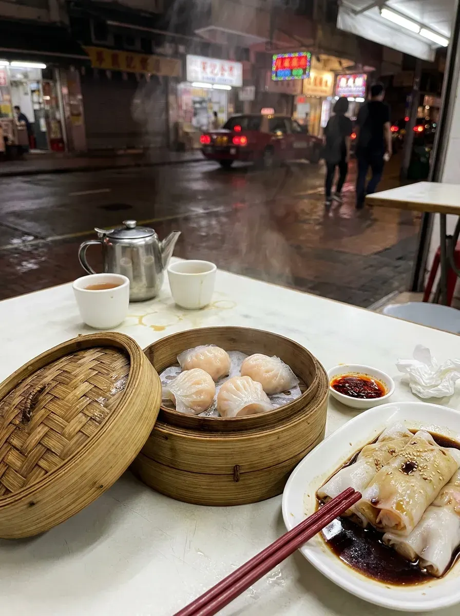 A night phone photo from a table at an open-fronted dim sum shop: a bamboo steamer of shrimp dumplings, rice noodle rolls in soy sauce, a metal teapot and two cups, a wet street with neon signs and a red taxi behind