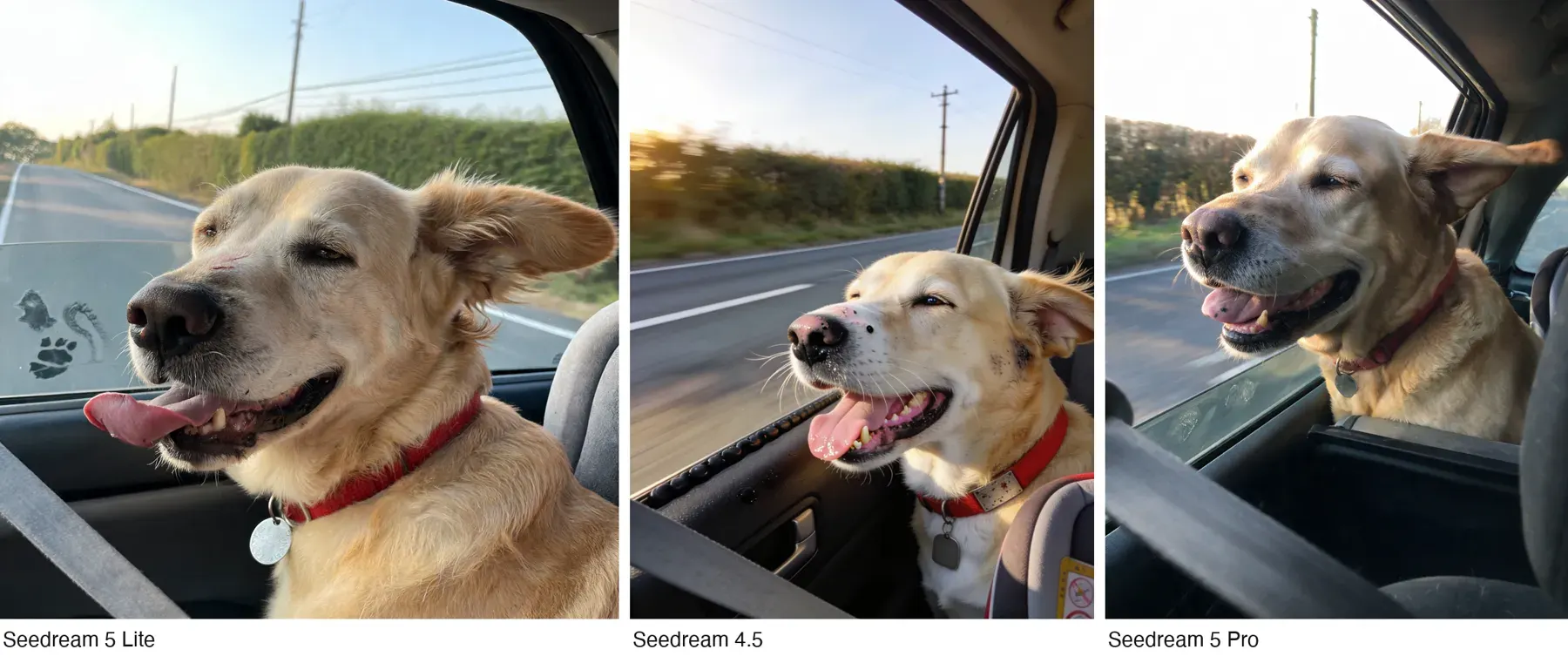 Three images of an old yellow Labrador looking out of a car window, labelled Seedream 5 Lite, Seedream 4.5 and Seedream 5 Pro; the Lite image is square and close on the face, the other two are taller with the road and hedge behind