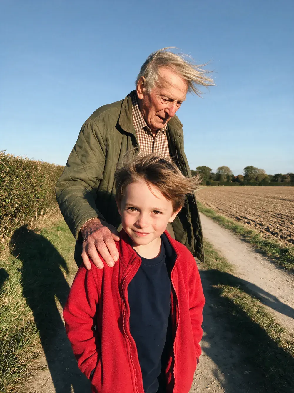 A phone snapshot of an old man with wind-blown grey hair resting his hand on the shoulder of a smiling boy in a red jacket on a farm track, low sun, long shadows across the grass