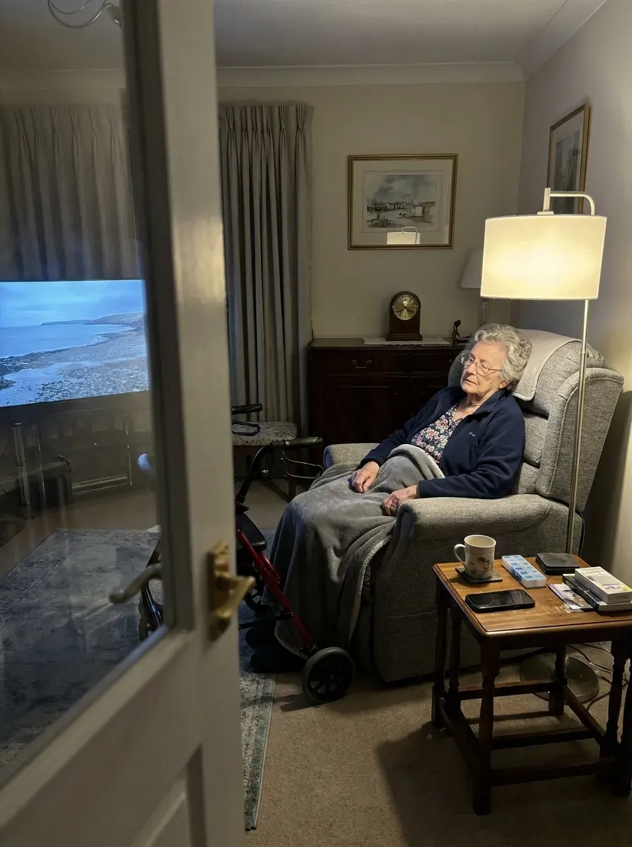 An elderly woman asleep in a riser recliner under a grey blanket, seen through a doorway, a floor lamp lit beside her, a wall television showing a coastline, a dark red walking frame by the chair