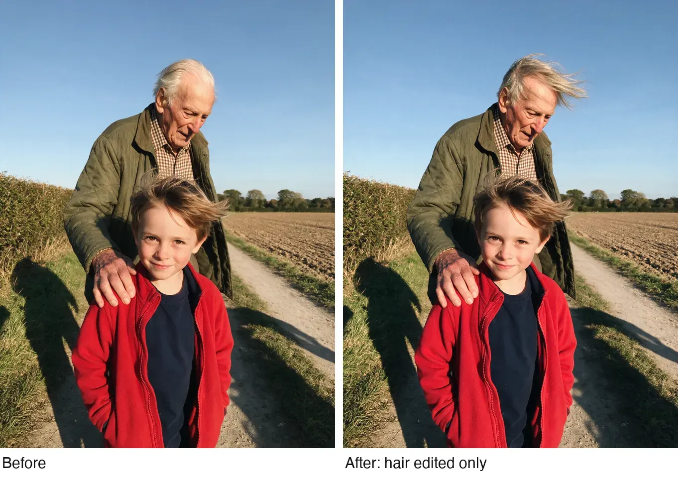 Two versions of the same snapshot side by side: on the left the old man's hair lies flat and white, on the right it is thicker, grey and blown by the same wind as the boy's hair; everything else is identical