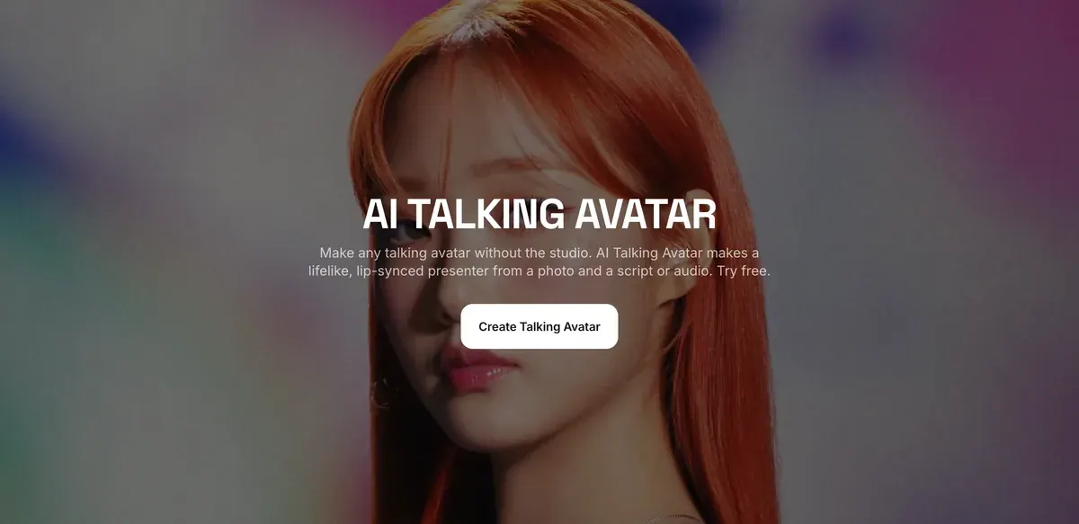Higgsfield's AI Talking Avatar page: the headline, the line that it makes a lip-synced presenter from a photo and a script or audio, and a Create Talking Avatar button