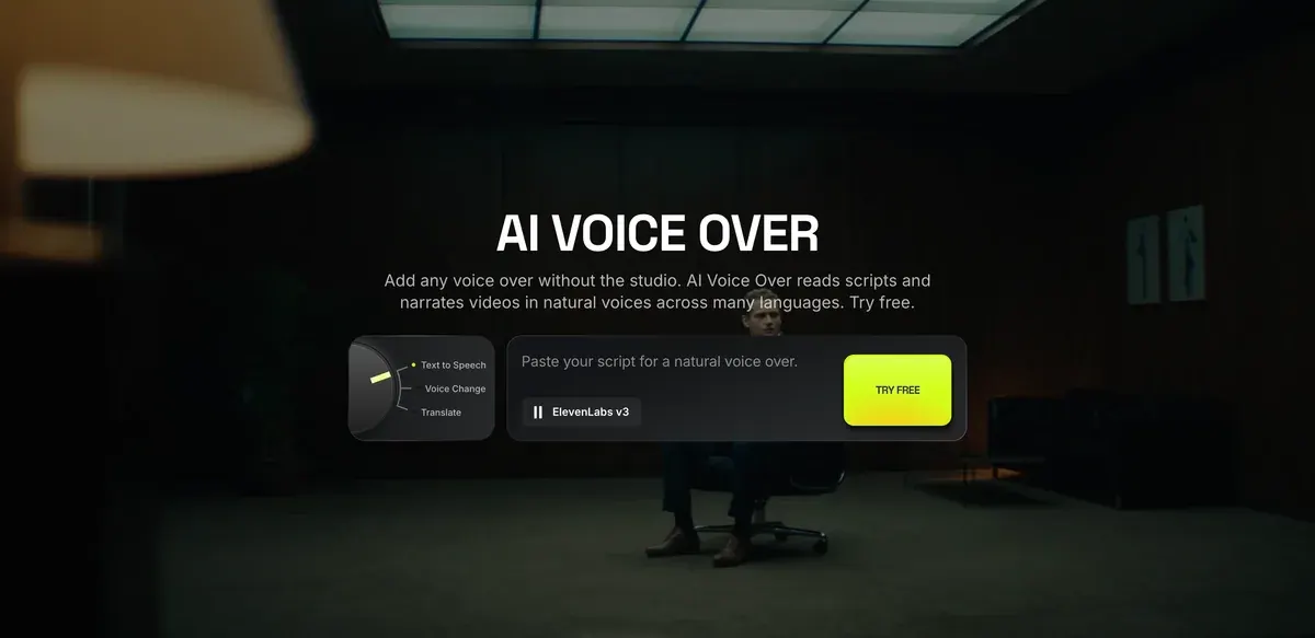Higgsfield's AI Voice Over page: a script box set to ElevenLabs v3 with a dial for Text to Speech, Voice Change and Translate