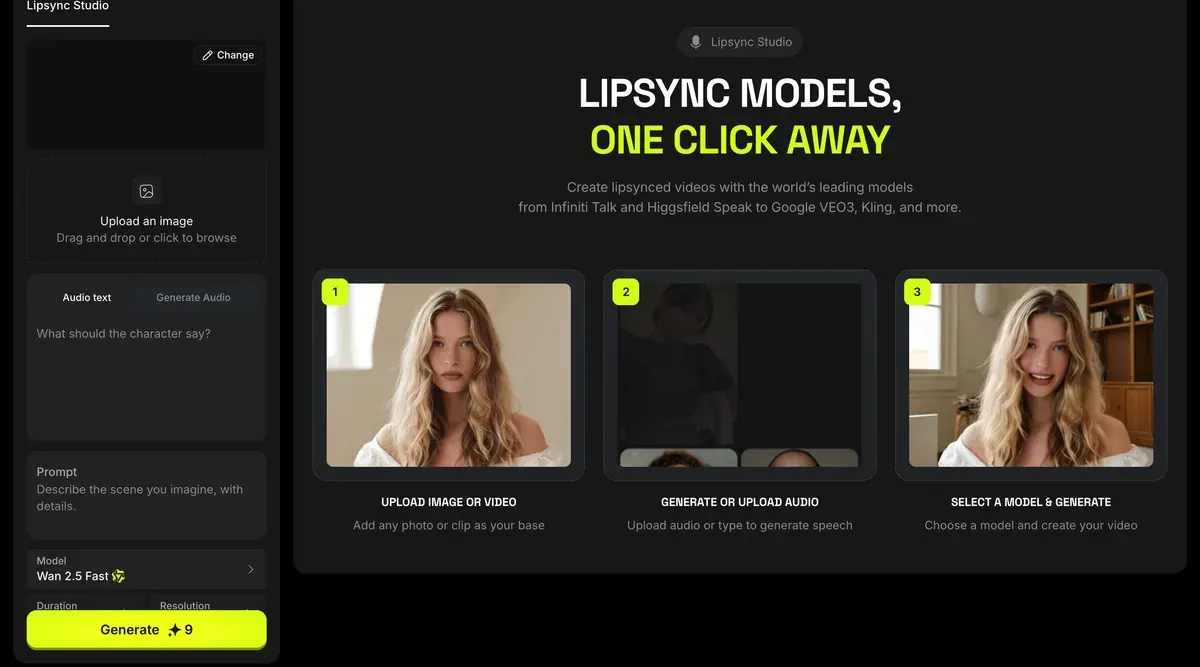 Higgsfield's Lipsync Studio page: the generator panel with an image upload, an audio text box, a model picker set to Wan 2.5 Fast and a Generate button, beside three steps: upload image or video, generate or upload audio, select a model and generate