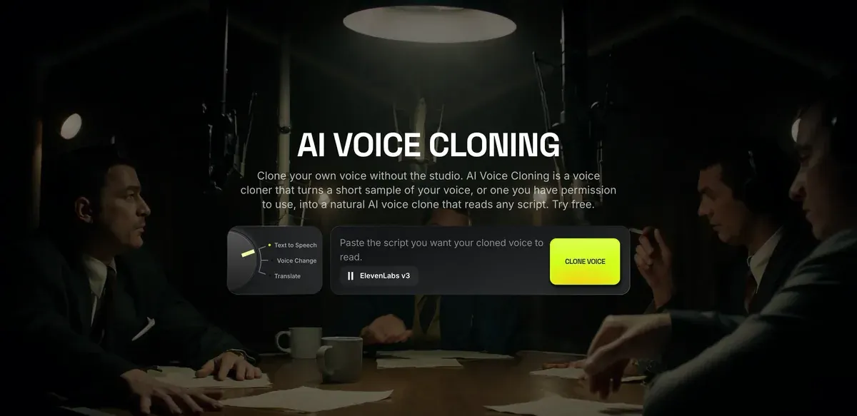 Higgsfield's AI Voice Cloning page: a script box set to ElevenLabs v3 and a Clone Voice button, with the line that a short sample of your own voice, or one you have permission to use, makes a clone