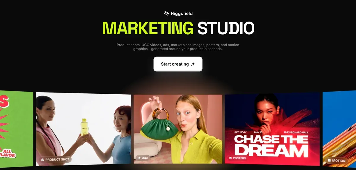 Higgsfield Marketing Studio intro page, captured 2026-10-18
