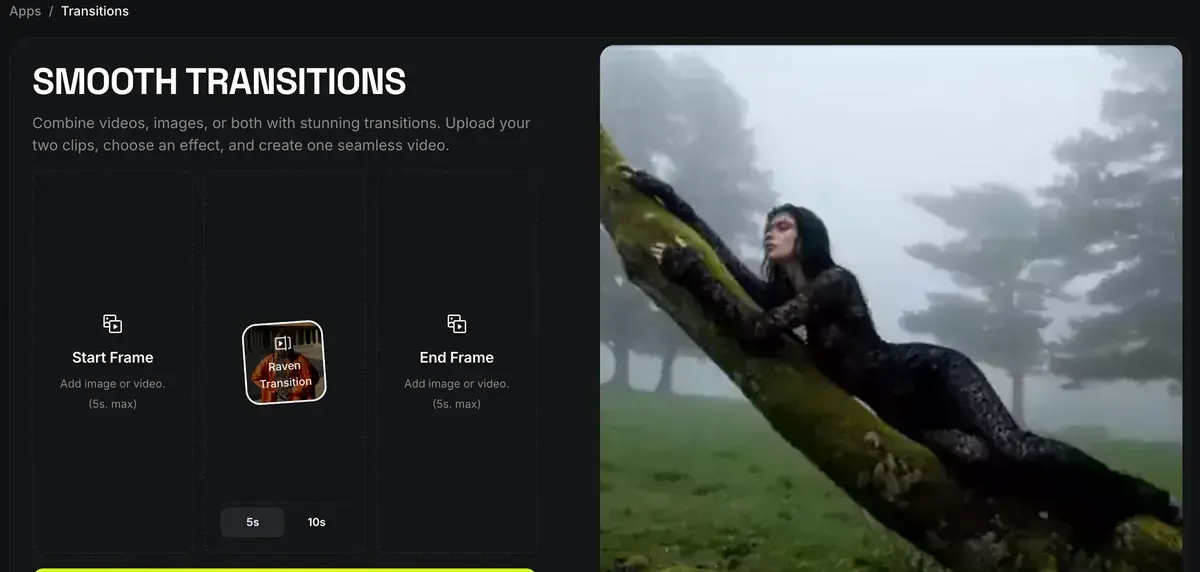 Higgsfield's Transitions app: Smooth Transitions, with a Start Frame slot, an End Frame slot and a Raven Transition effect between them, a 5 or 10 second choice and a Generate Video button