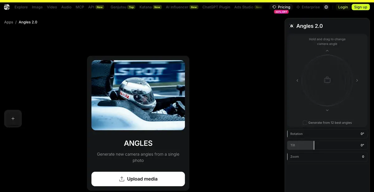 Higgsfield's Angles 2.0 app: an upload card and rotation, tilt and zoom controls