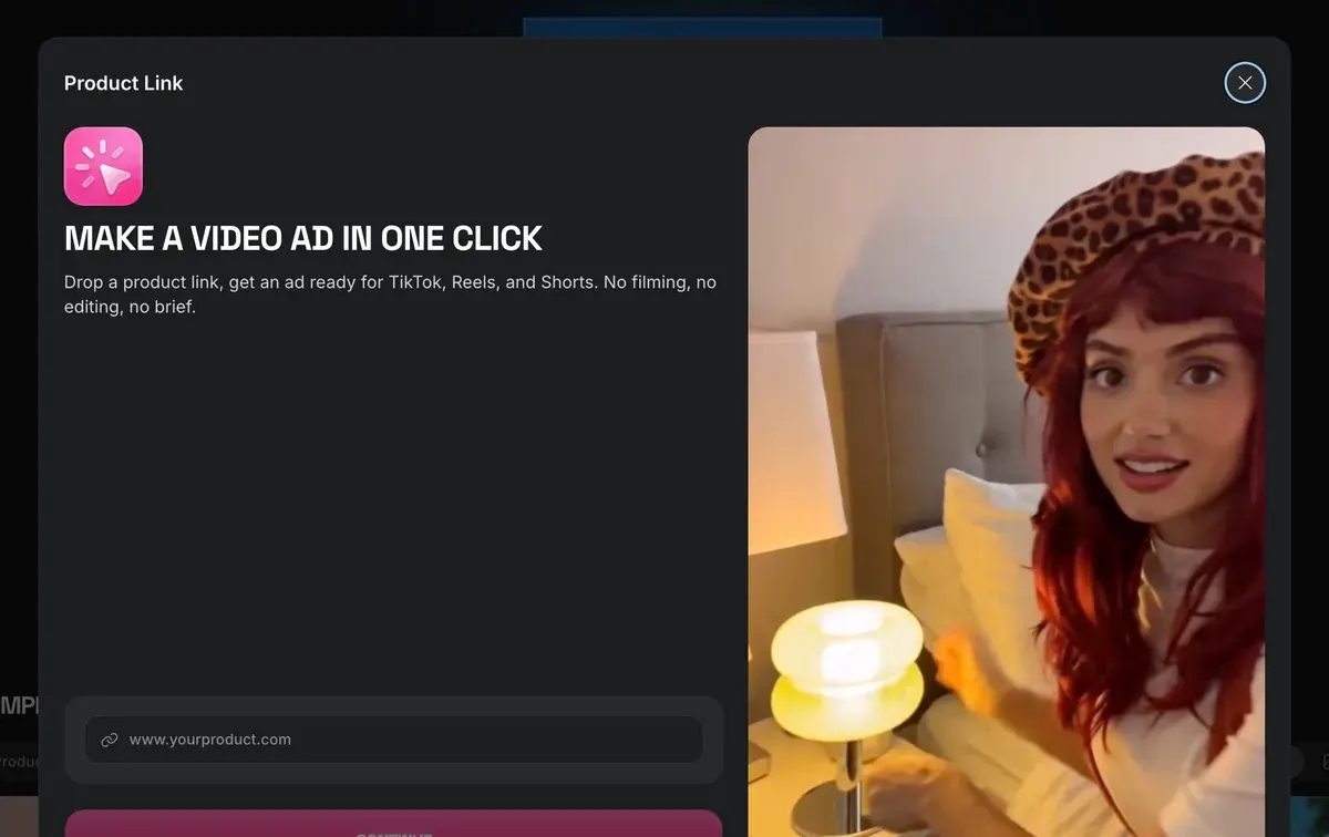 Higgsfield's Click to Ad app: a product link field under the line 'Make a video ad in one click'