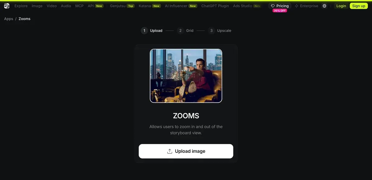 Higgsfield's Zooms app: upload, grid and upscale steps with an upload card