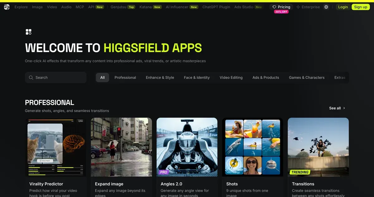 Higgsfield's apps directory page: heading, category tabs and the first row of app cards
