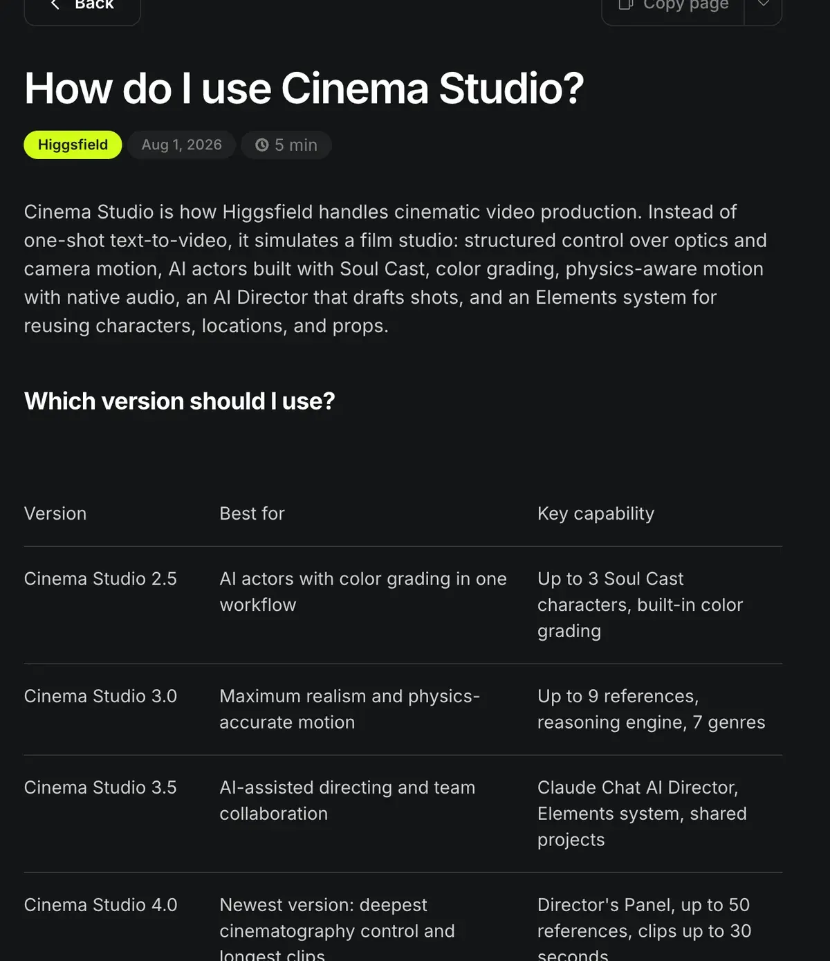 Higgsfield help-centre article How do I use Cinema Studio, with its version table: Cinema Studio 2.5, 3.0, 3.5 and 4.0, each with a best use and a key capability