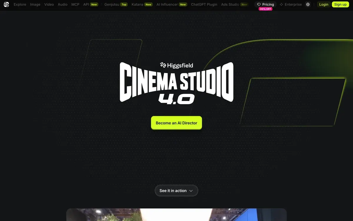 Higgsfield's Cinema Studio 4.0 page with the logo and a Become an AI Director button