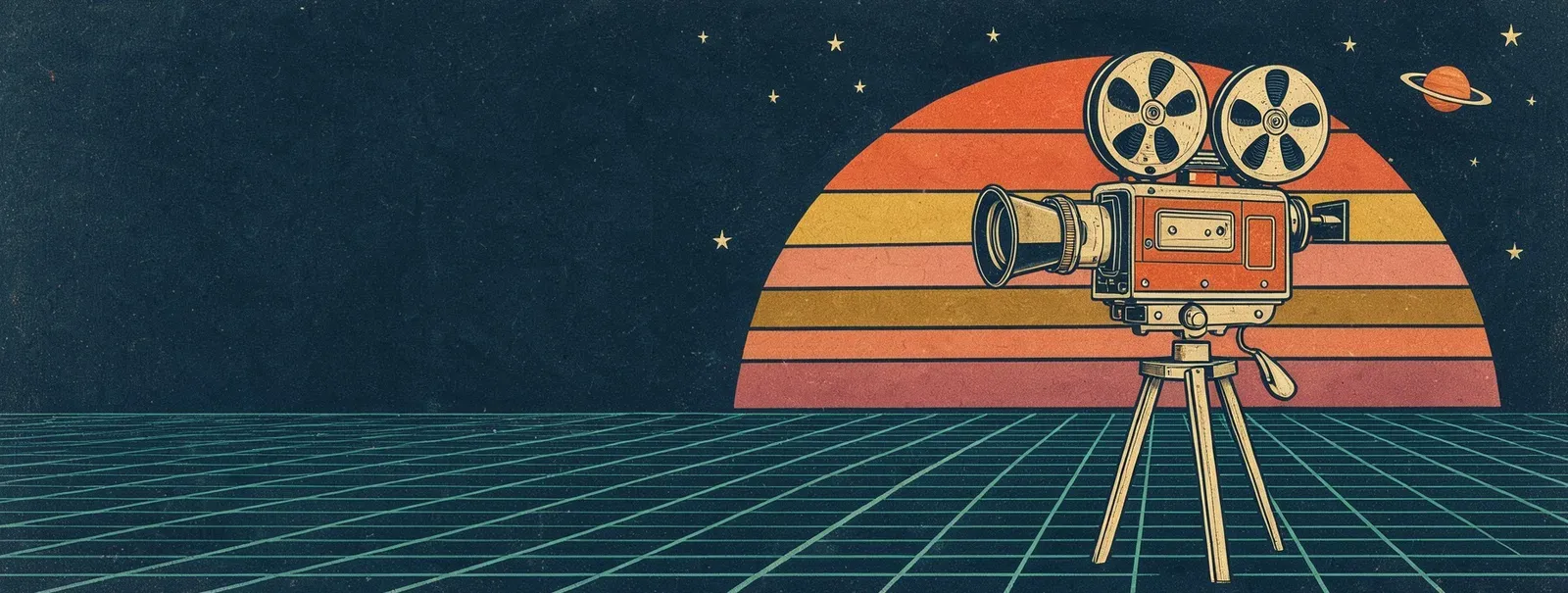 Retro-futurist illustration: a vintage film camera with two reels on a tripod, in front of a striped orange and rose sunset over a teal grid under a starry night sky.