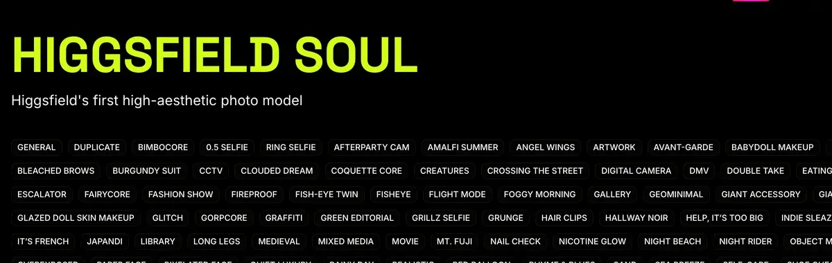 Higgsfield's Soul page with its list of style presets