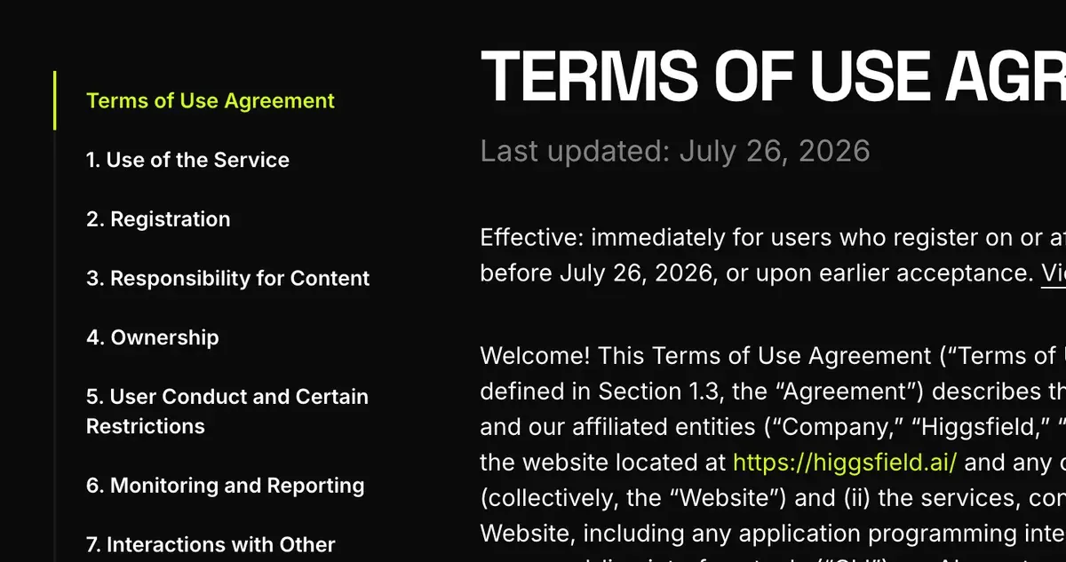 Top of Higgsfield's Terms of Use Agreement, last updated 26 July 2026