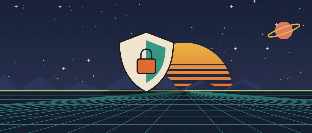 Retro-futurist illustration: a striped sunset over a teal grid horizon under a starry night sky, with a shield with a padlock standing on the horizon.