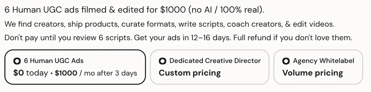 Icon's pricing page: 6 Human UGC ads filmed and edited for $1000 (no AI / 100% real), $0 today and $1000 a month after 3 days, with Dedicated Creative Director at custom pricing and Agency Whitelabel at volume pricing