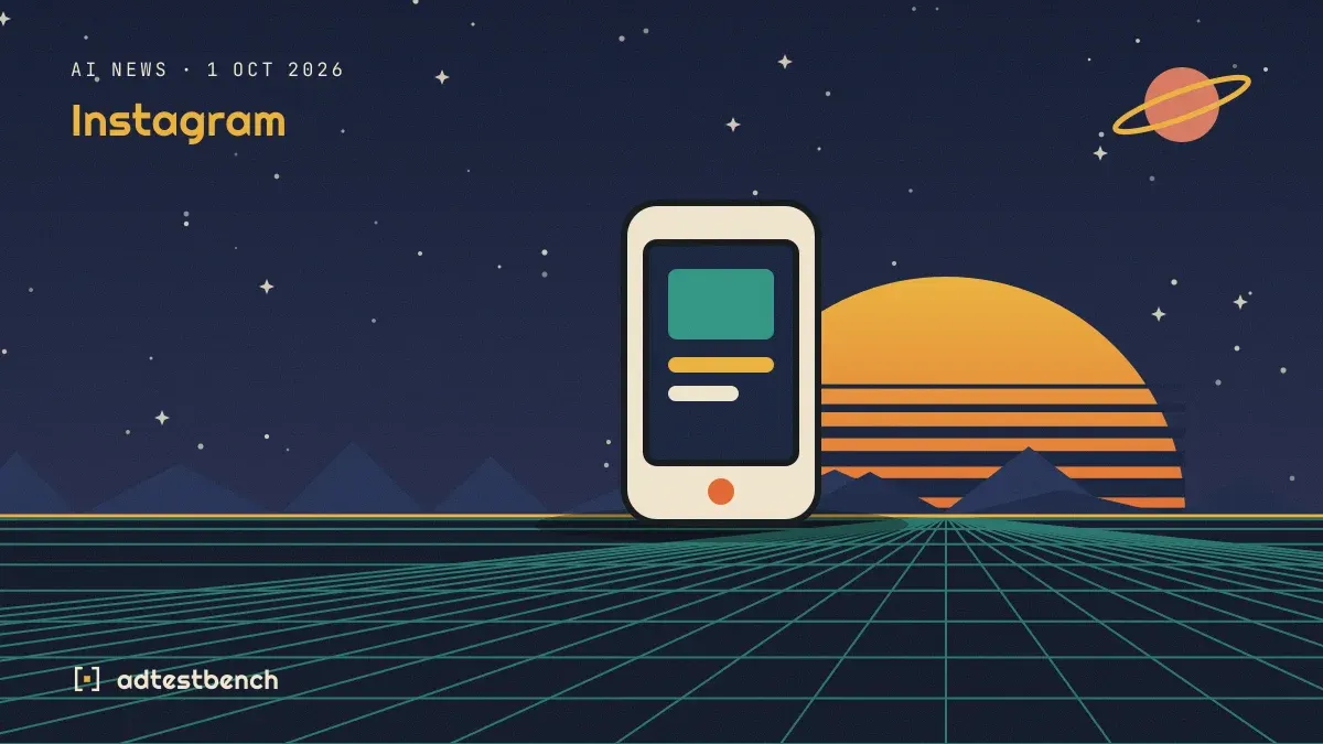 Retro-futurist illustration: a striped sunset over a grid horizon under a starry sky, with a smartphone showing an app standing on the horizon.