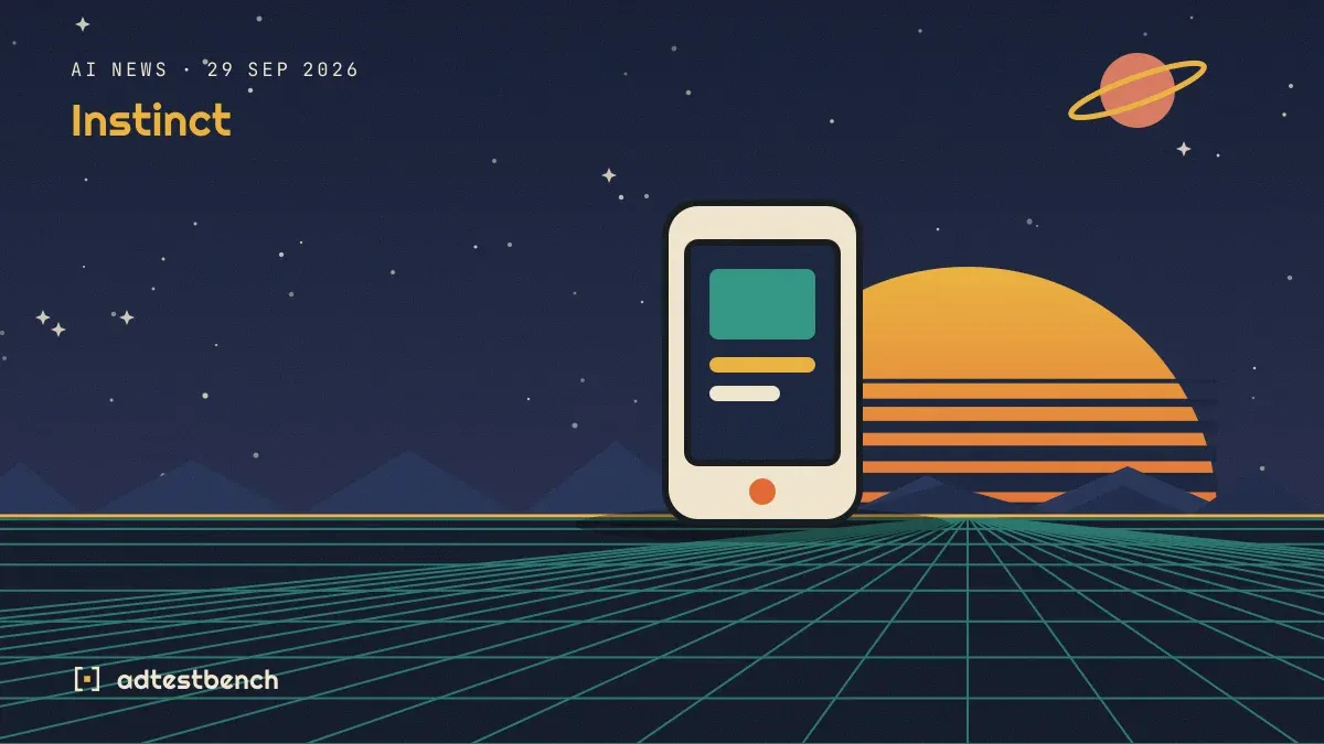Retro-futurist illustration: a striped sunset over a grid horizon under a starry sky, with a smartphone showing an app standing on the horizon.