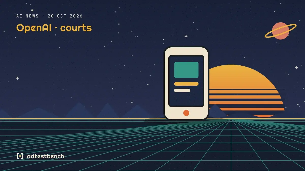 Retro-futurist illustration: a striped sunset over a grid horizon under a starry sky, with a phone motif standing on the horizon.