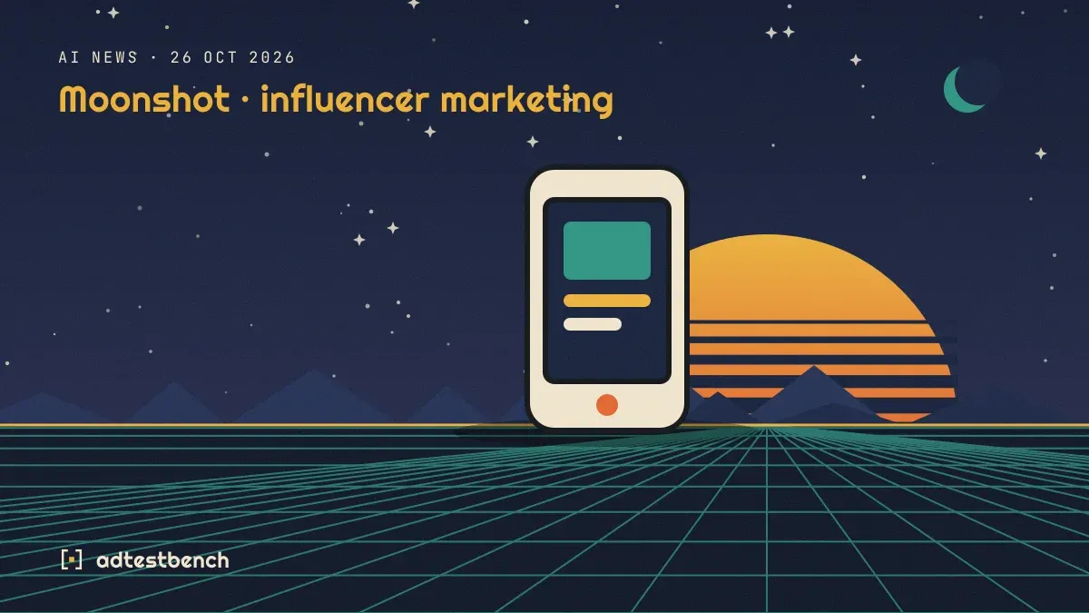 Retro-futuristische Illustration: ein gestreifter Sonnenuntergang über einem Gitterhorizont unter einem Sternenhimmel, mit einem Smartphone, das eine App zeigt, am Horizont.