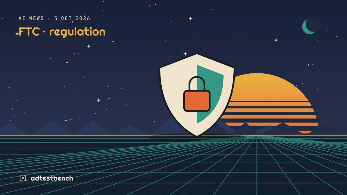 Retro-futurist illustration: a striped sunset over a grid horizon under a starry sky, with a security shield with a padlock standing on the horizon.