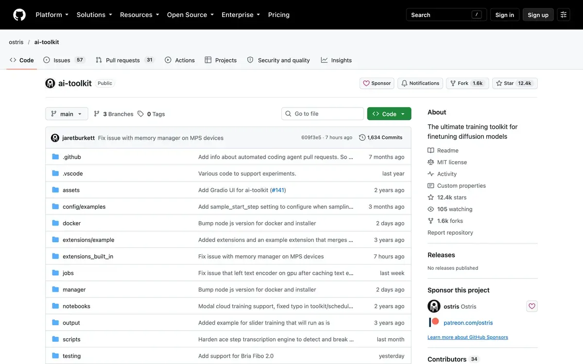 The ostris/ai-toolkit GitHub repository page, captured 2026-10-24