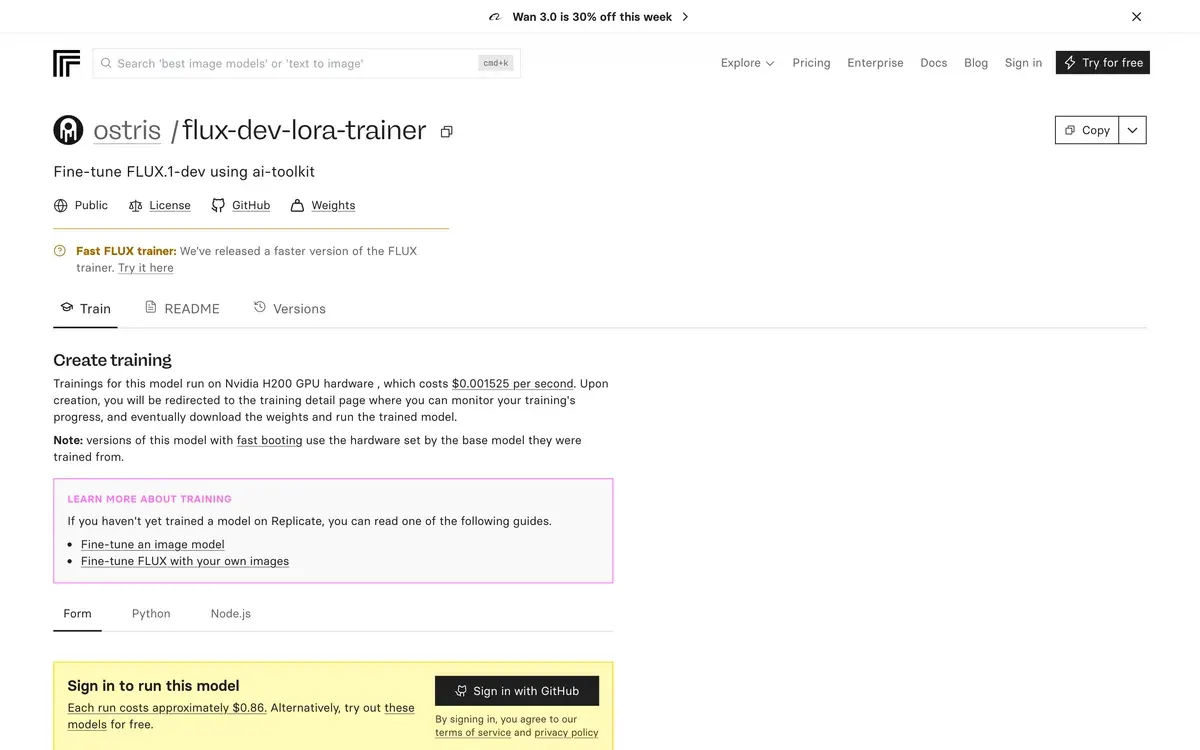 Replicate's ostris/flux-dev-lora-trainer page showing the per-second price and the cost of a run, captured 2026-10-24